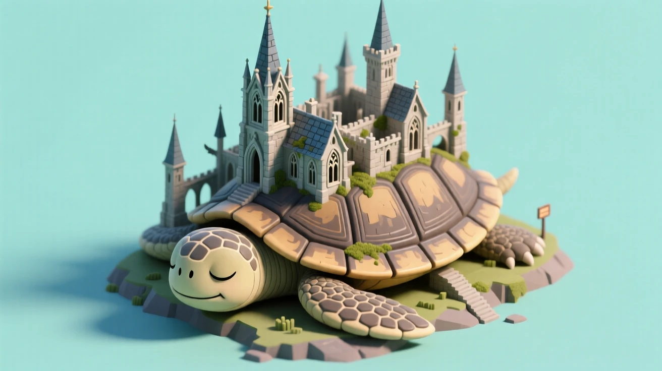 A gothic fantasy city built on the back of a giant sleeping turtle, with spires and towers swaying gently as the creature breathes.