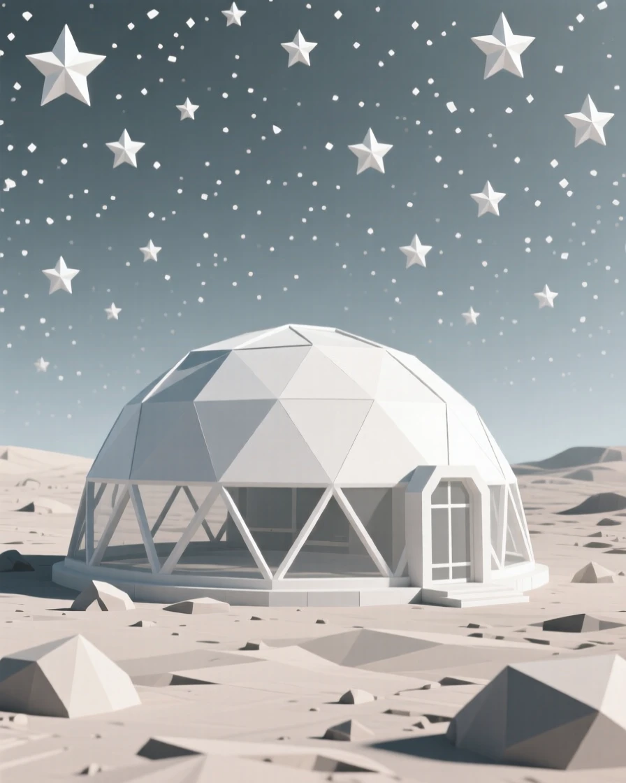 A futuristic greenhouse dome glowing on a barren planet, beneath a sky filled with countless stars. fine particle detail adds texture to the vast space. The scene radiates a calm, meditative stillness.
