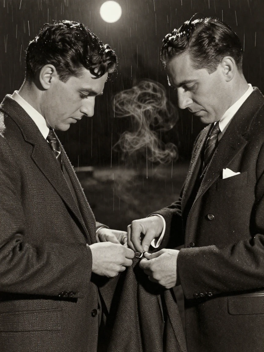 A tailor pinning a hem while a customer waits patiently, under moonlight, under a light drizzle, in the depths of winter, with stark black-and-white contrast softened by a single warm hue, at eye level, intimate and direct.
