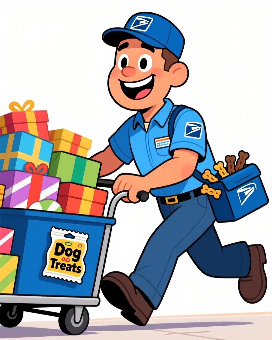 A vibrant profession-themed portrait of a friendly mail carrier pushing an overflowing cart of packages, dog treats peeking from his pocket.