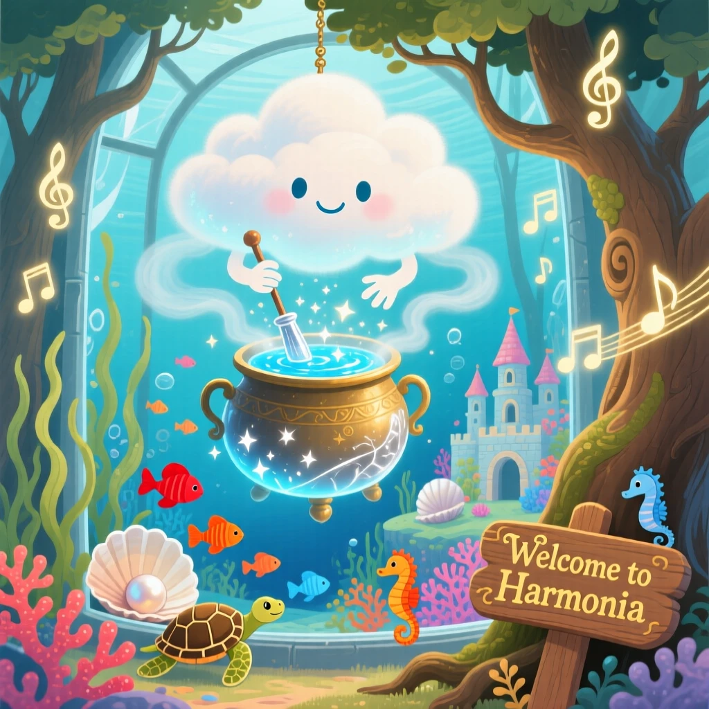 A cloud spirit pauses from brewing a shimmering potion to marvel at an underwater kingdom, while gentle music seems to hum from the trees.
