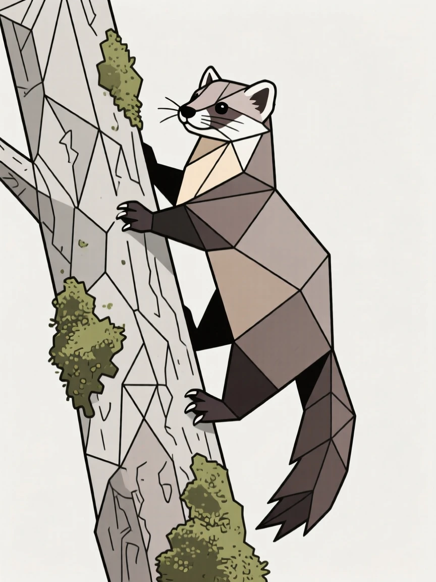 A pine marten climbing a mossy tree trunk