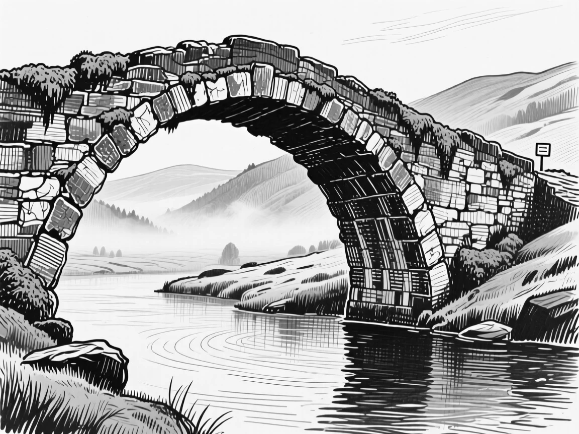 A weathered stone bridge as fog rolls slowly across the valley, with ripples spreading across still water, evoking a serene and contemplative atmosphere in a wide, balanced composition.