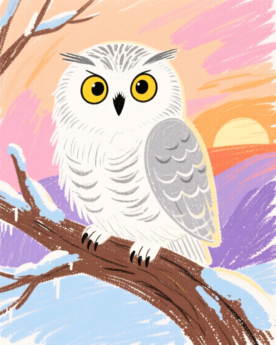 A view of a snowy owl on a frosted branch bathed in the last light of day.