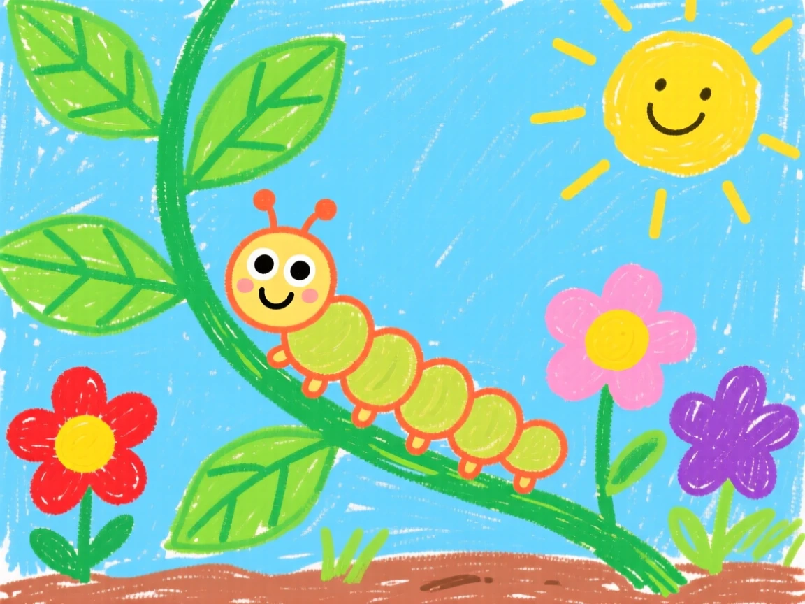 A tiny caterpillar inching along a garden stem.