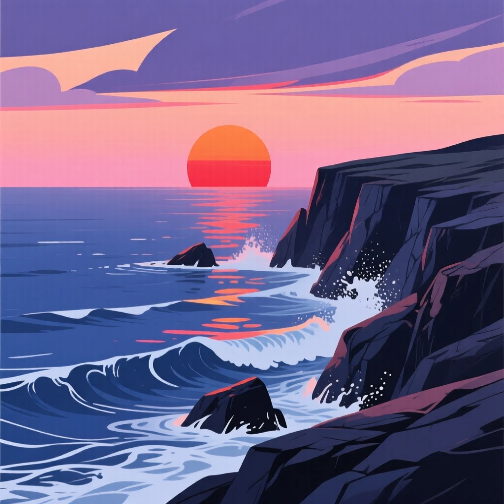 A dramatic sunset scene over a rugged coastline with waves crashing against the rocks.