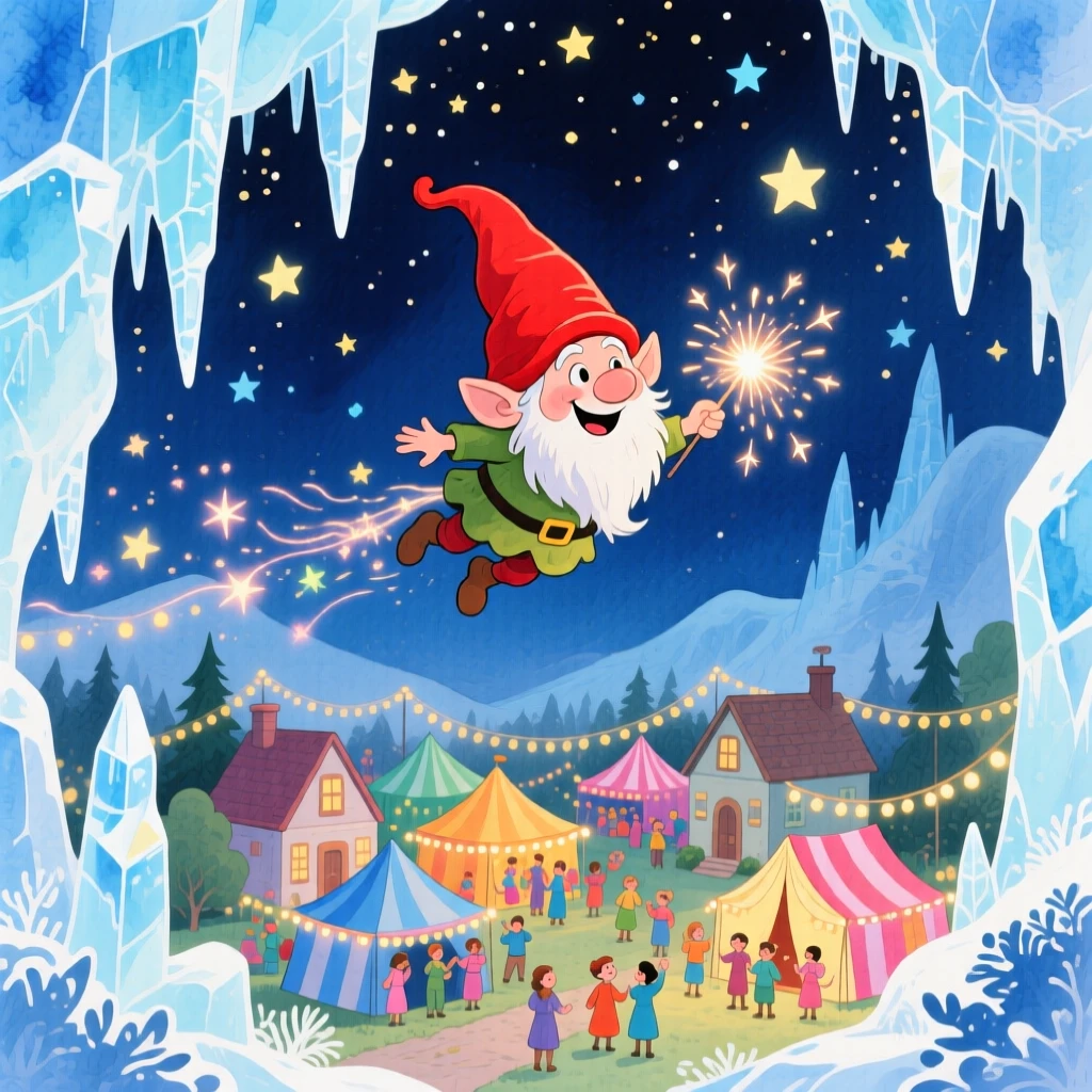 A mischievous gnome soaring above a village during a starlit festival, in a sparkling ice cave, radiating gentle magic and wonder.