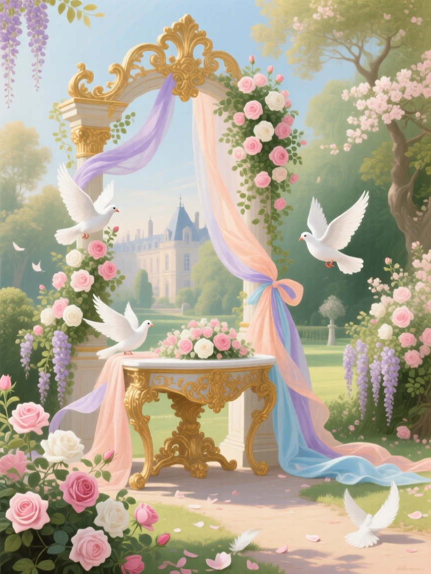 A garden wedding altar framed by roses, ribbons, and white doves  