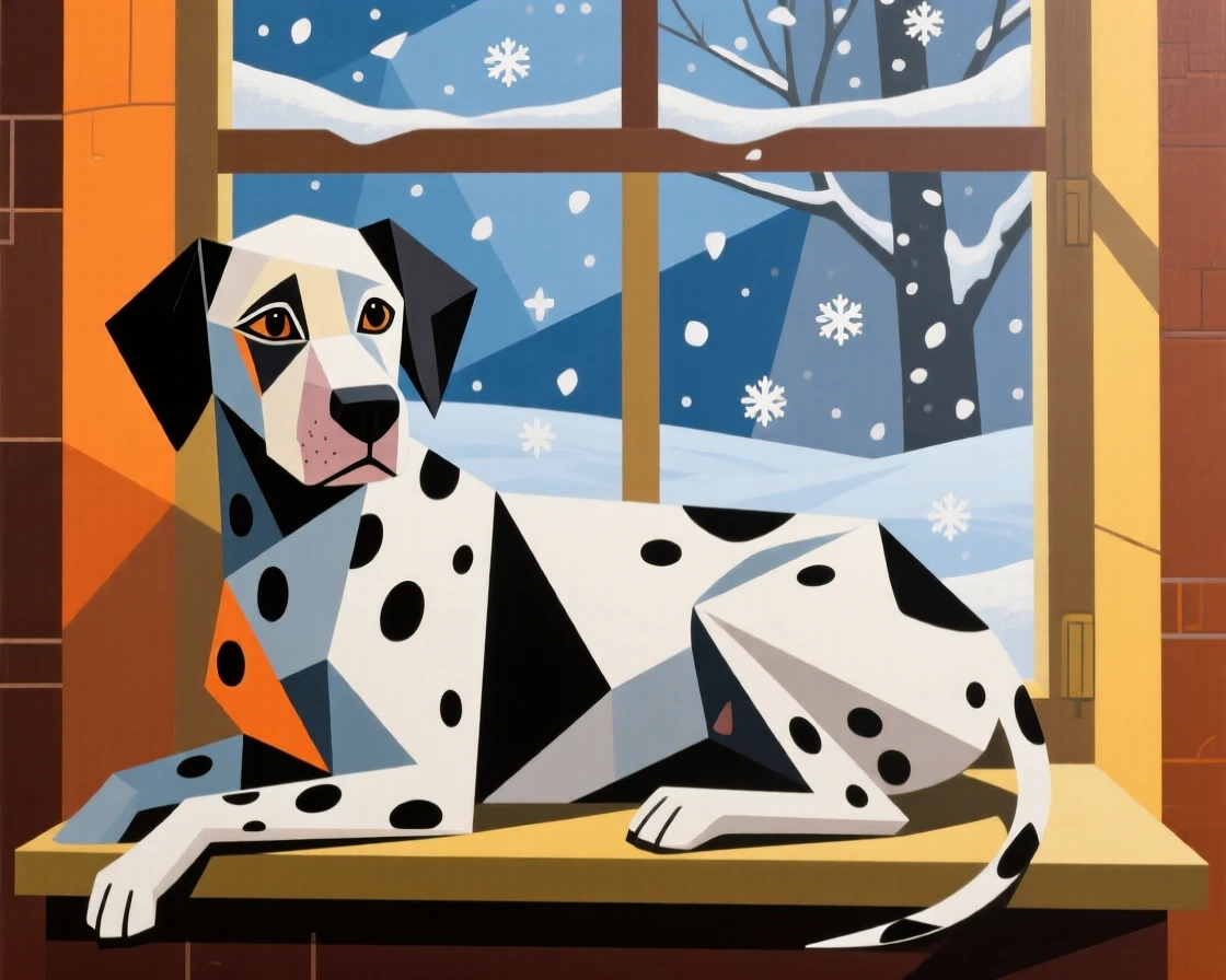 A charming portrait of a spotted dalmatian resting on a windowsill watching falling snow, in the warm evening light.