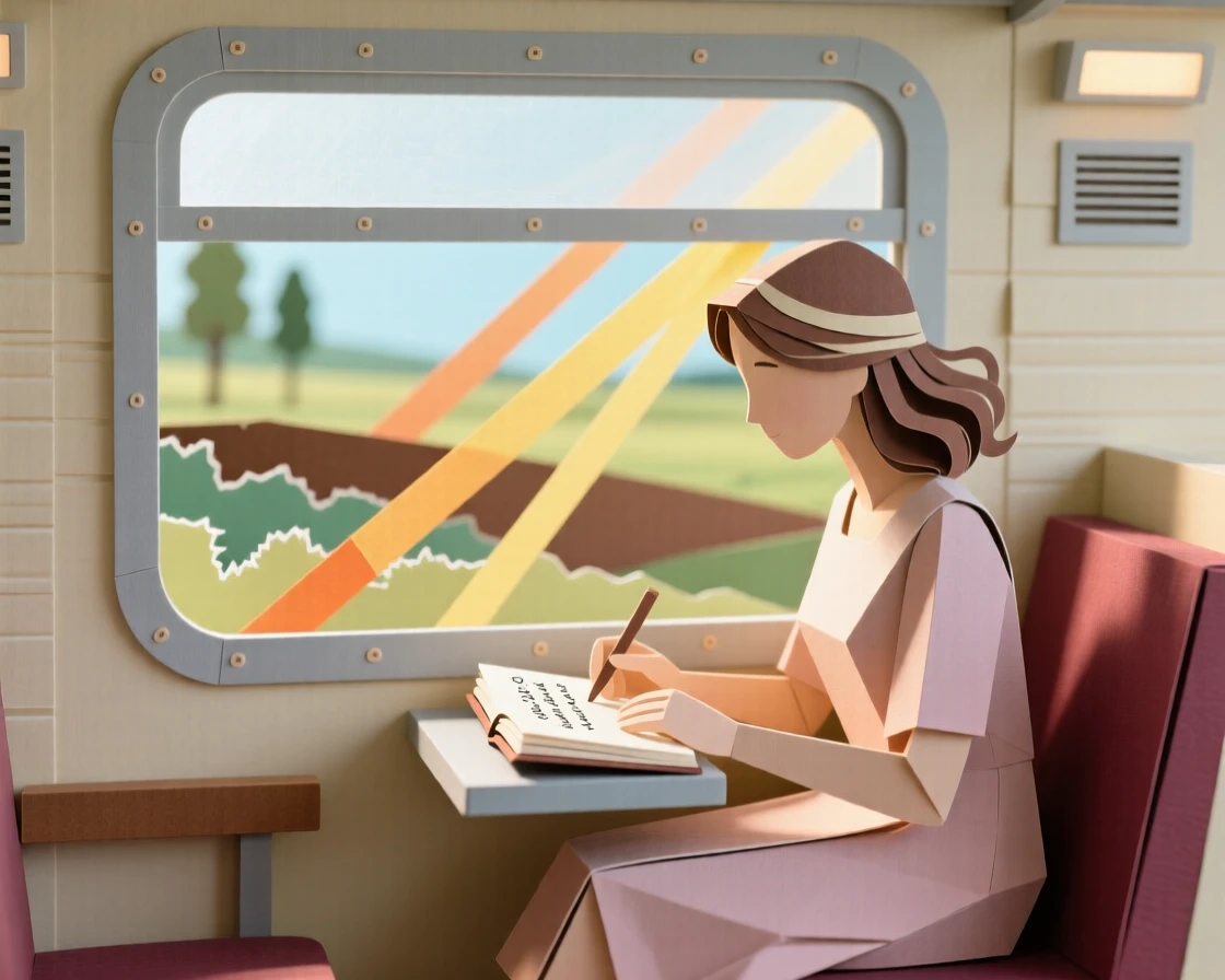 A woman journaling on a train as the countryside blurs past the window, warm afternoon light streaming in, capturing quiet reflection and travel.