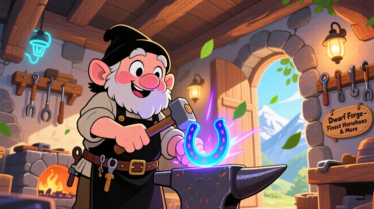 A small dwarf blacksmith hammering a tiny glowing horseshoe, framed as a low-angle shot looking up within a cozy mountain forge, during a light summer breeze, glowing under neon-lit glow, evoking bubbly enthusiasm.