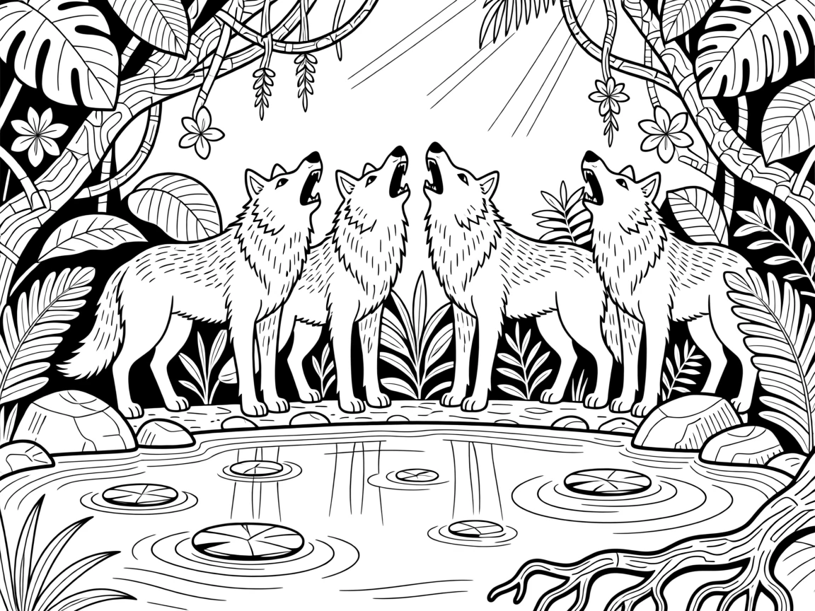 A howling wolf pack hidden among dense jungle vines, with its reflection rippling in a still pond.