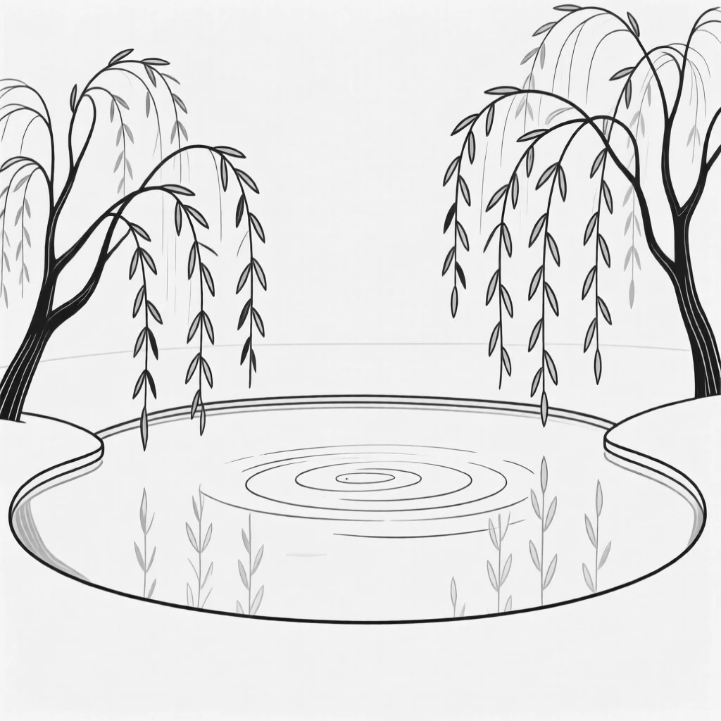 A tranquil pond surrounded by weeping willow trees