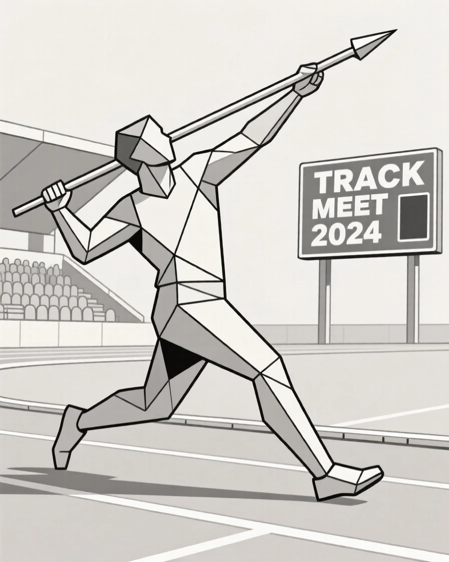 A javelin thrower mid-throw at a track meet