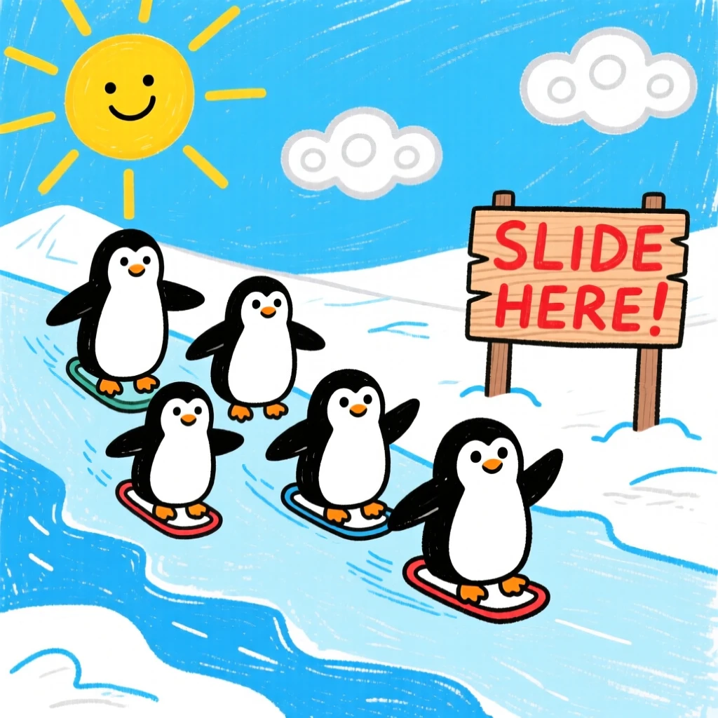 A group of penguins sliding across an icy shore.