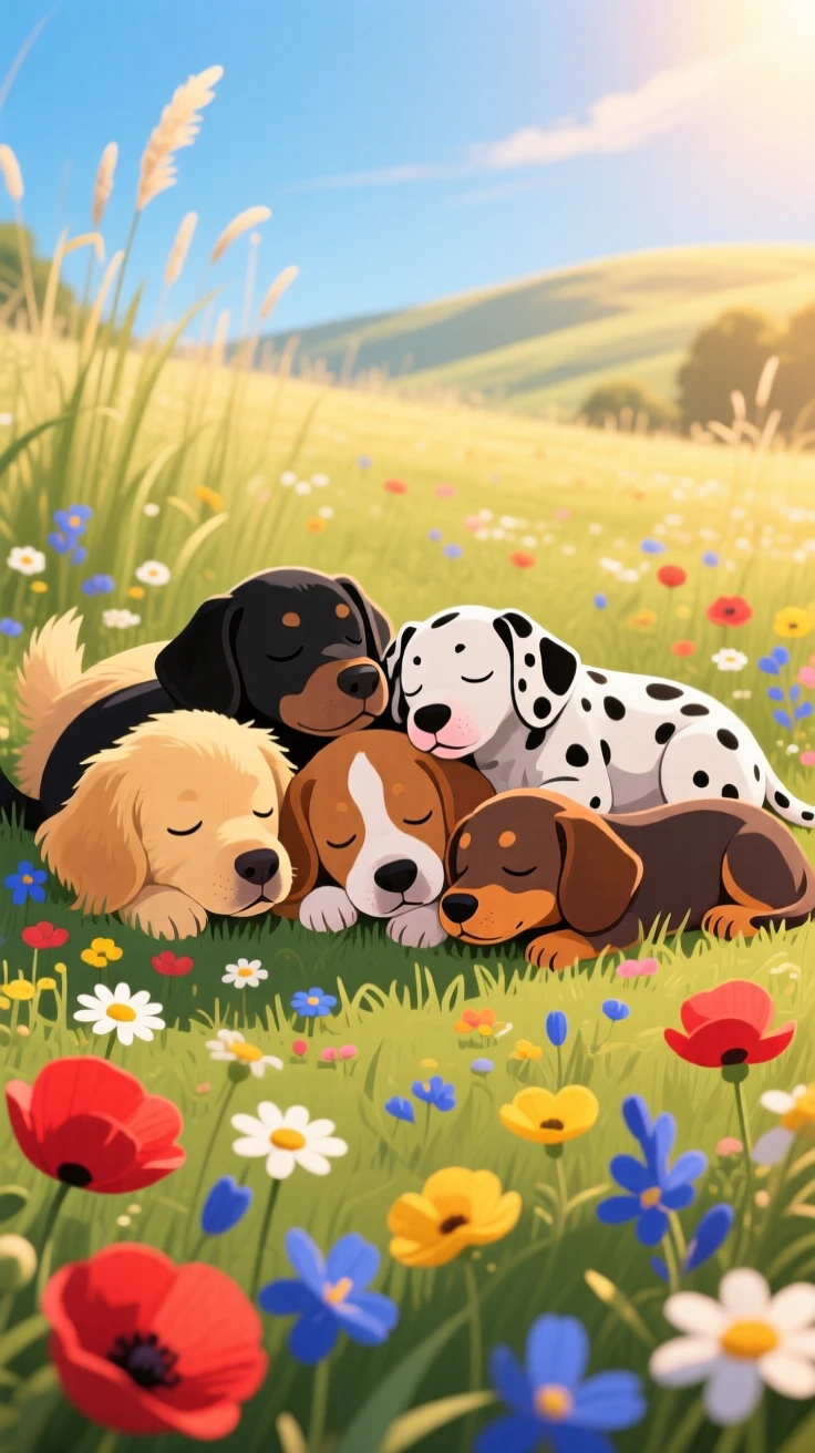 A litter of puppies piled together for a nap, surrounded by a sunlit meadow filled with wildflowers, framed from a low angle to feel grand and majestic, with vivid, richly saturated colors that pop.