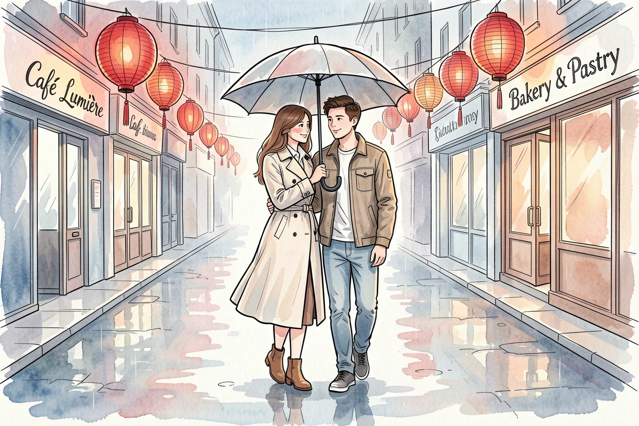 A young couple sharing an umbrella while walking through a rain-soaked city street lined with lanterns