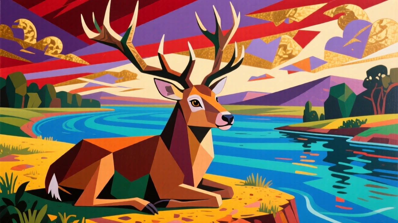 A striking view of a stag with towering antlers resting on a sunlit riverbank beneath a dramatic sky.