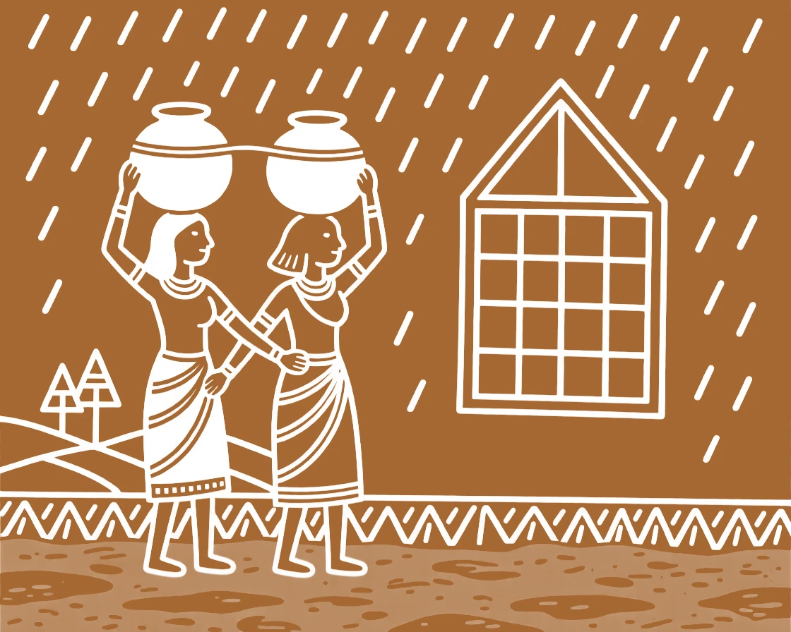 A mother helping each other carry water home by a window during the monsoon.