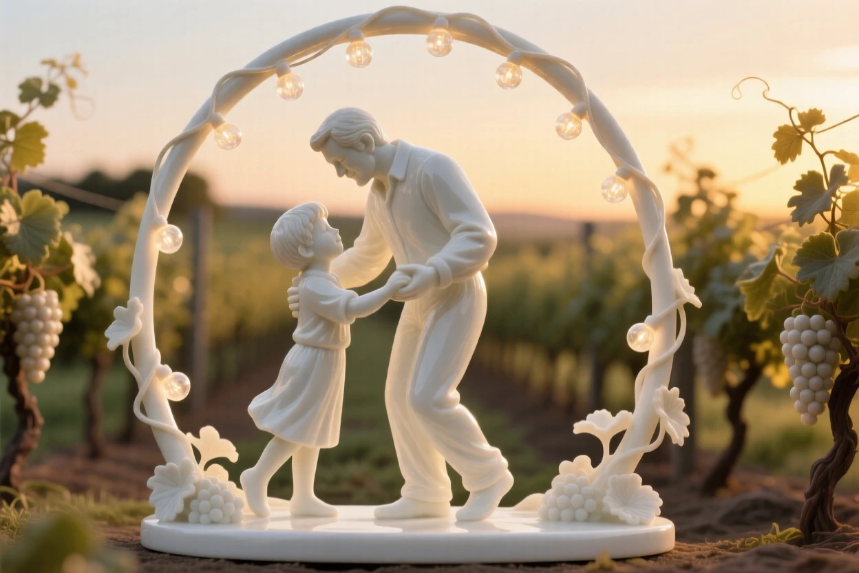 A tender scene of a father and son dancing slowly beneath string lights in a vineyard at golden hour, the scene bathed in golden late-afternoon light.