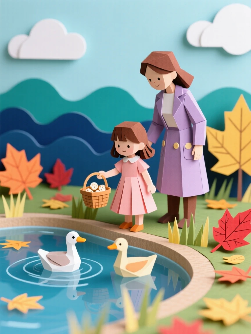 A little girl feeding ducks at a park pond with her mother on a crisp autumn afternoon, colorful leaves scattered around them, capturing tender simplicity.