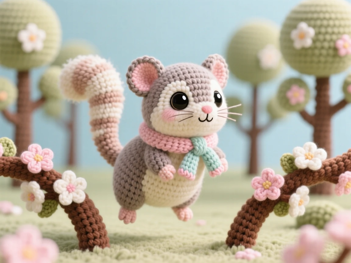 a baby sugar glider with a fluffy tail and wide eyes is shown gliding gently between two low branches within an orchard with rows of blossoming trees, accompanied by a tiny knitted scarf around its neck, capturing a tender, sleepy softness.