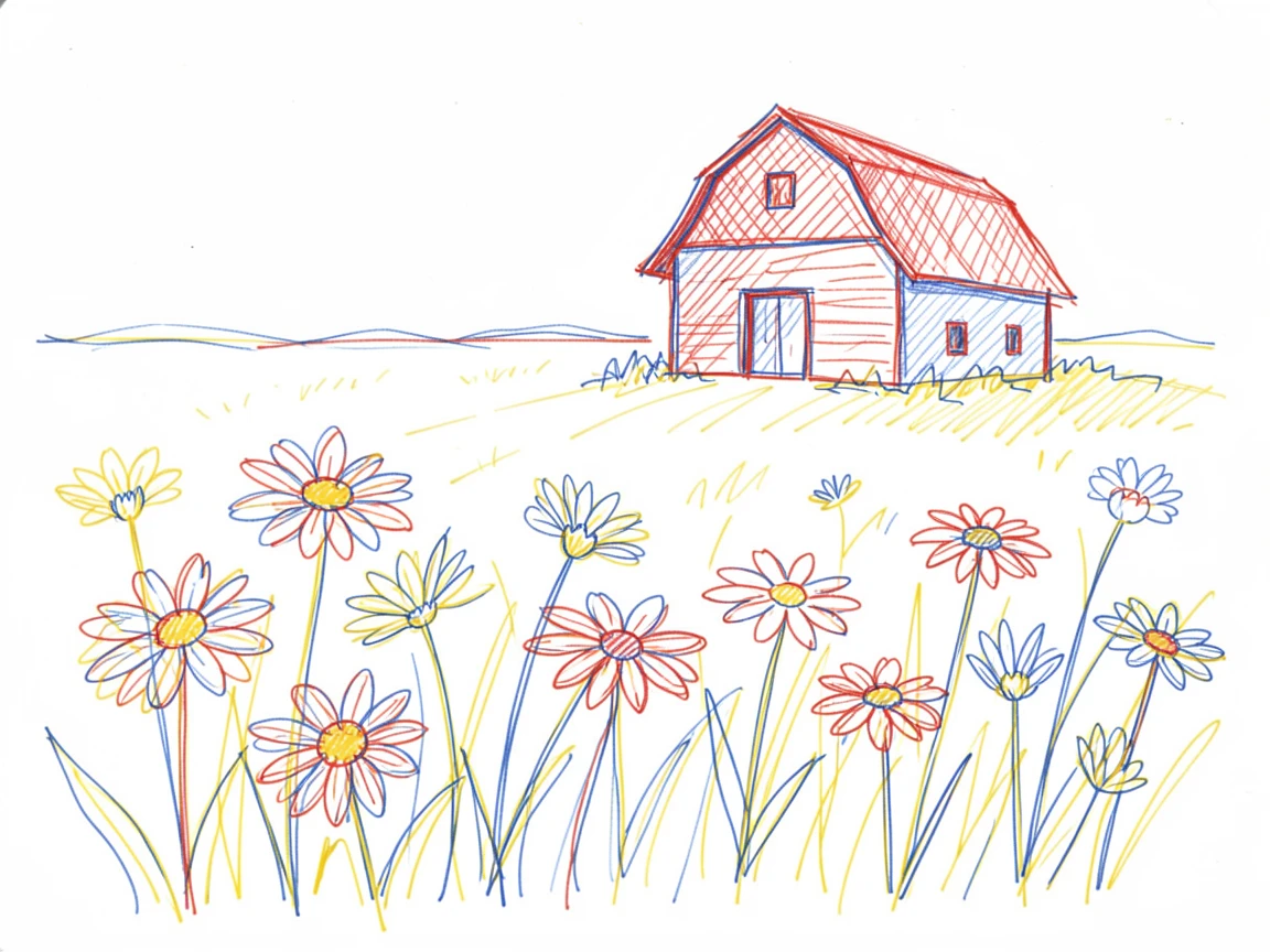 A field of wild daisies stretching toward a distant rustic barn