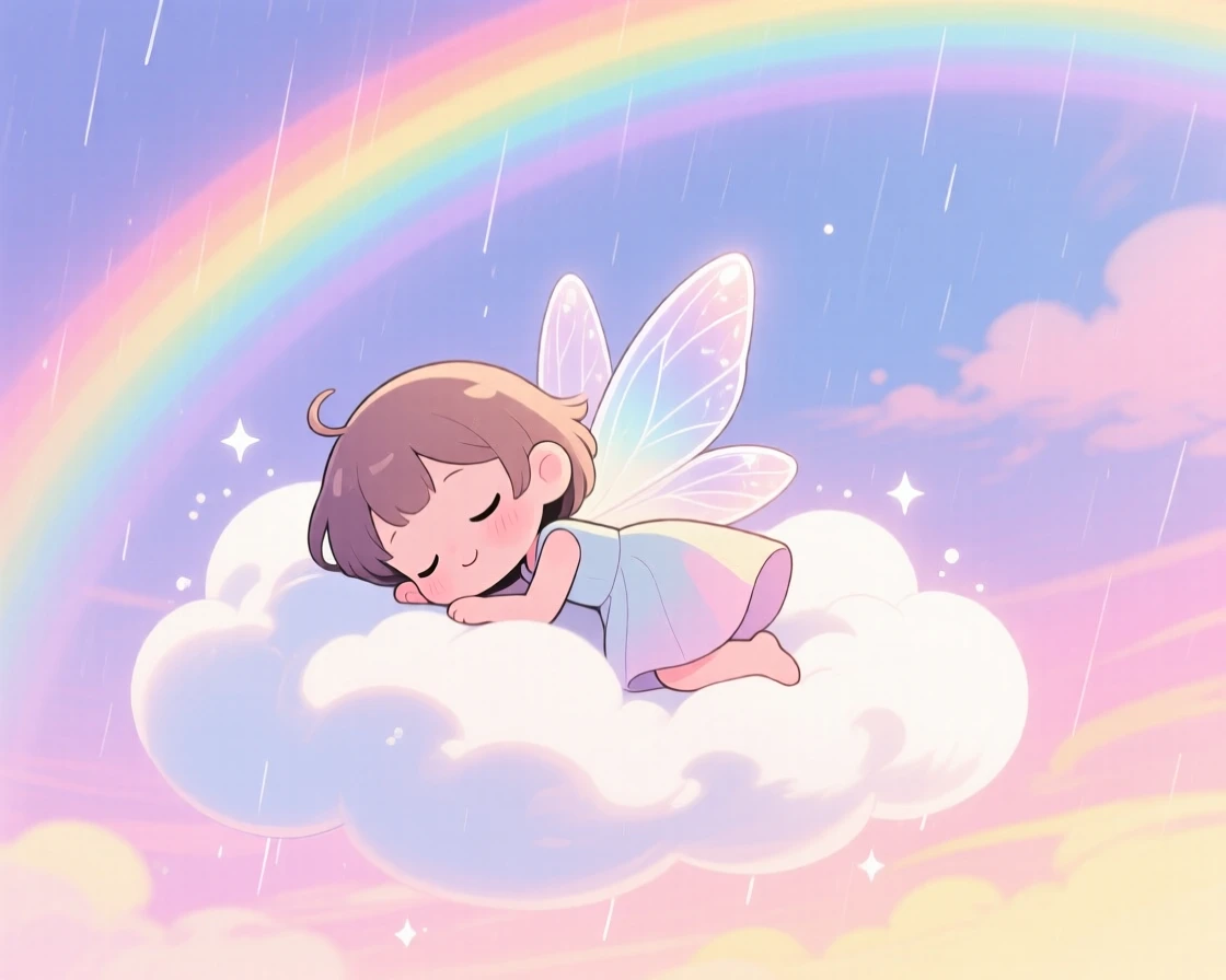 Over-the-shoulder view of a cloud fairy, napping on a soft puffy cloud, in a pastel-colored sky, under a rainbow after the rain, illuminated by soft pastel light of dawn, radiating eager anticipation.
