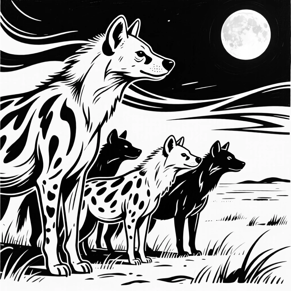 A pack of hyenas gathered at the edge of a moonlit savanna.