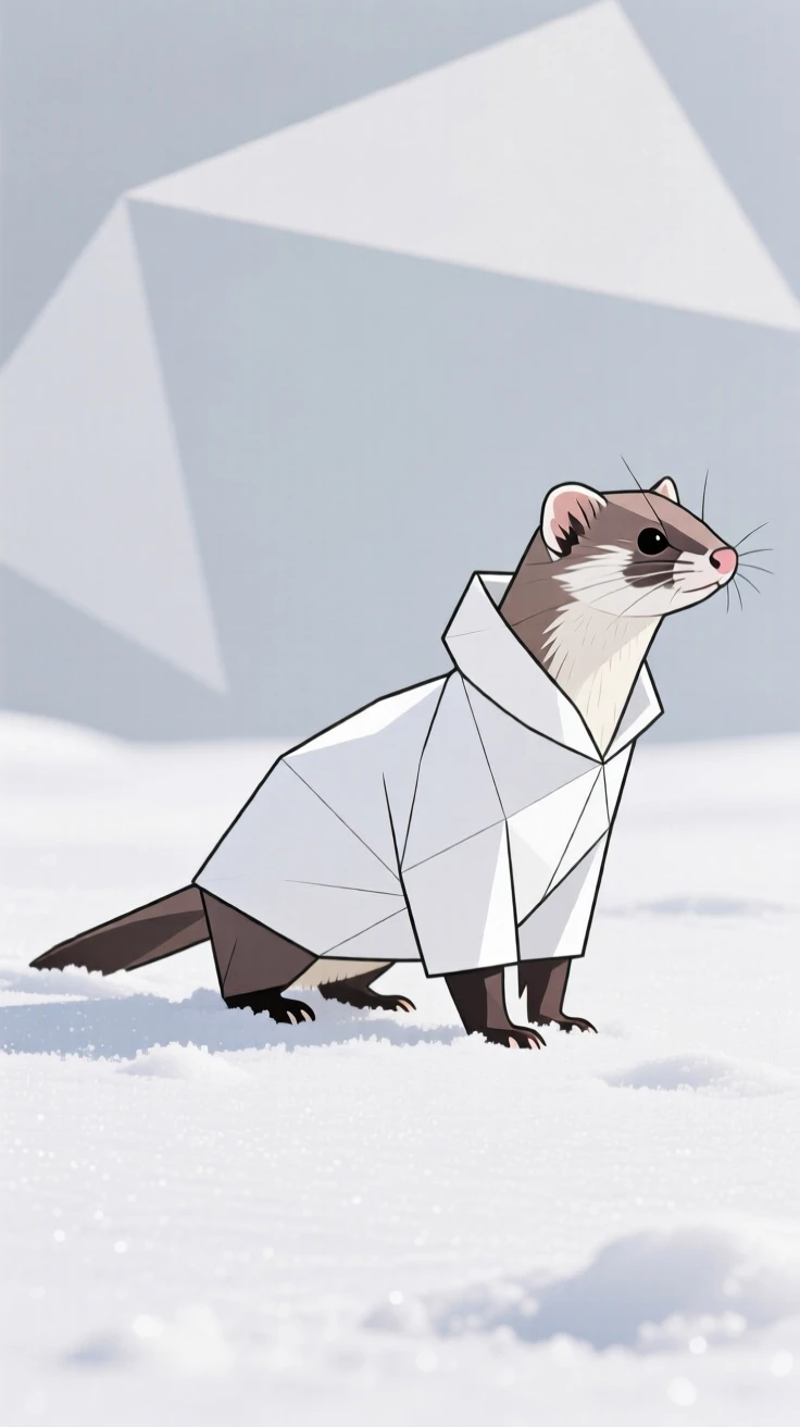 A stoat in white winter coat on fresh snow