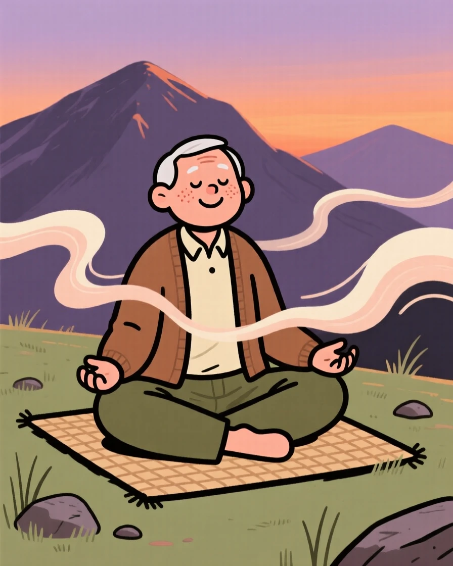 A elderly man practices slow breathing exercises on a mountaintop clearing at dusk, breathing slowly as gentle waves surrounds them.