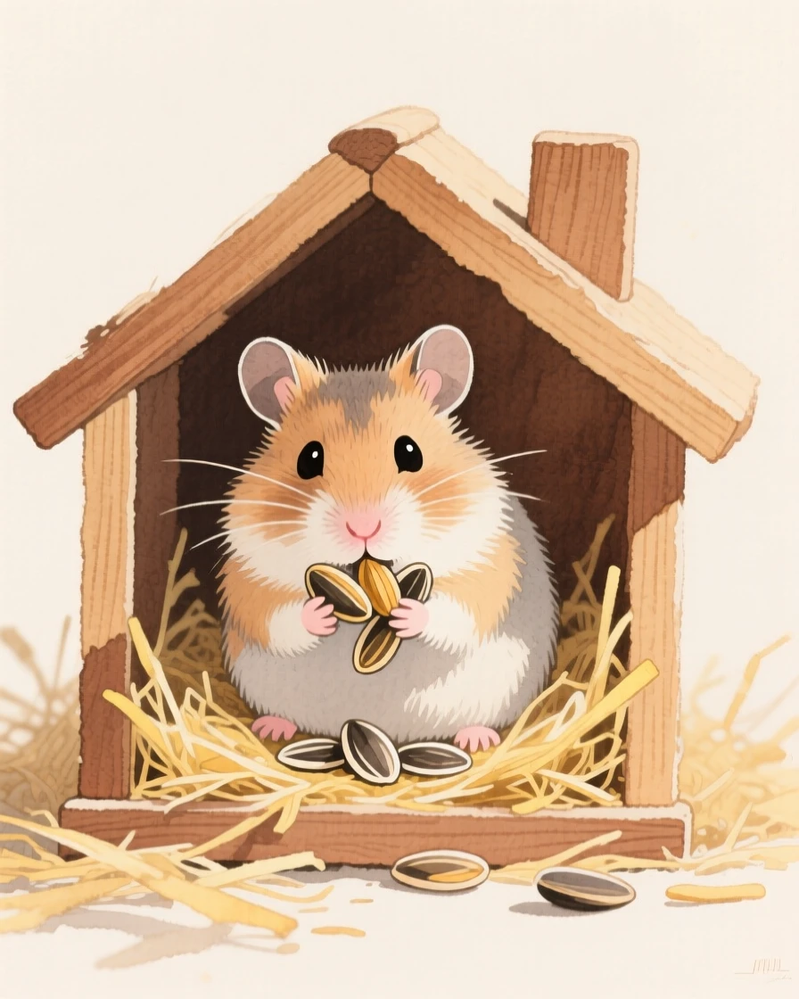 A tiny hamster stuffs its cheeks with sunflower seeds inside a miniature wooden house filled with straw
