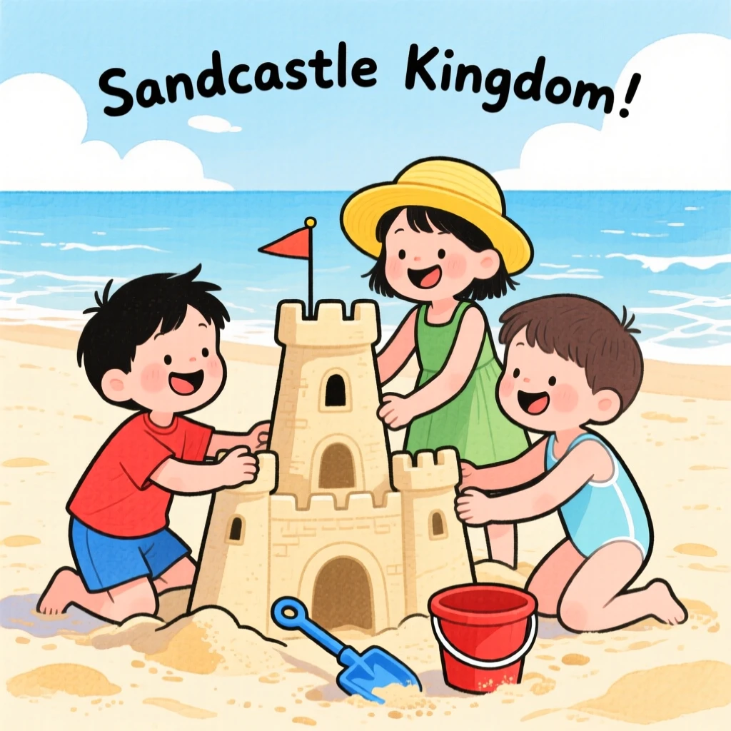 Children building a sandcastle together at the beach, full of warmth and laughter.