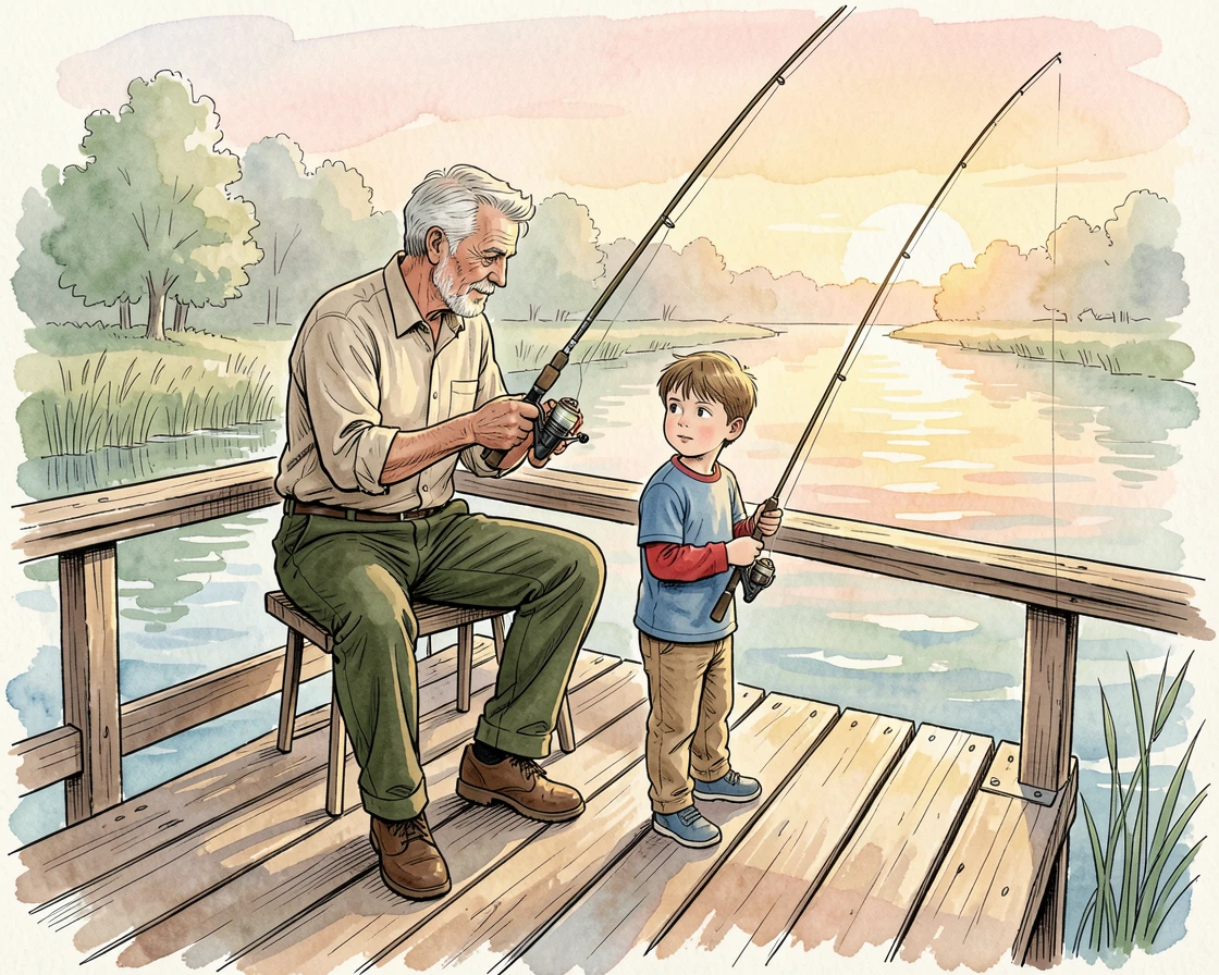 A grandfather teaching his grandson to fish from a wooden dock at sunrise