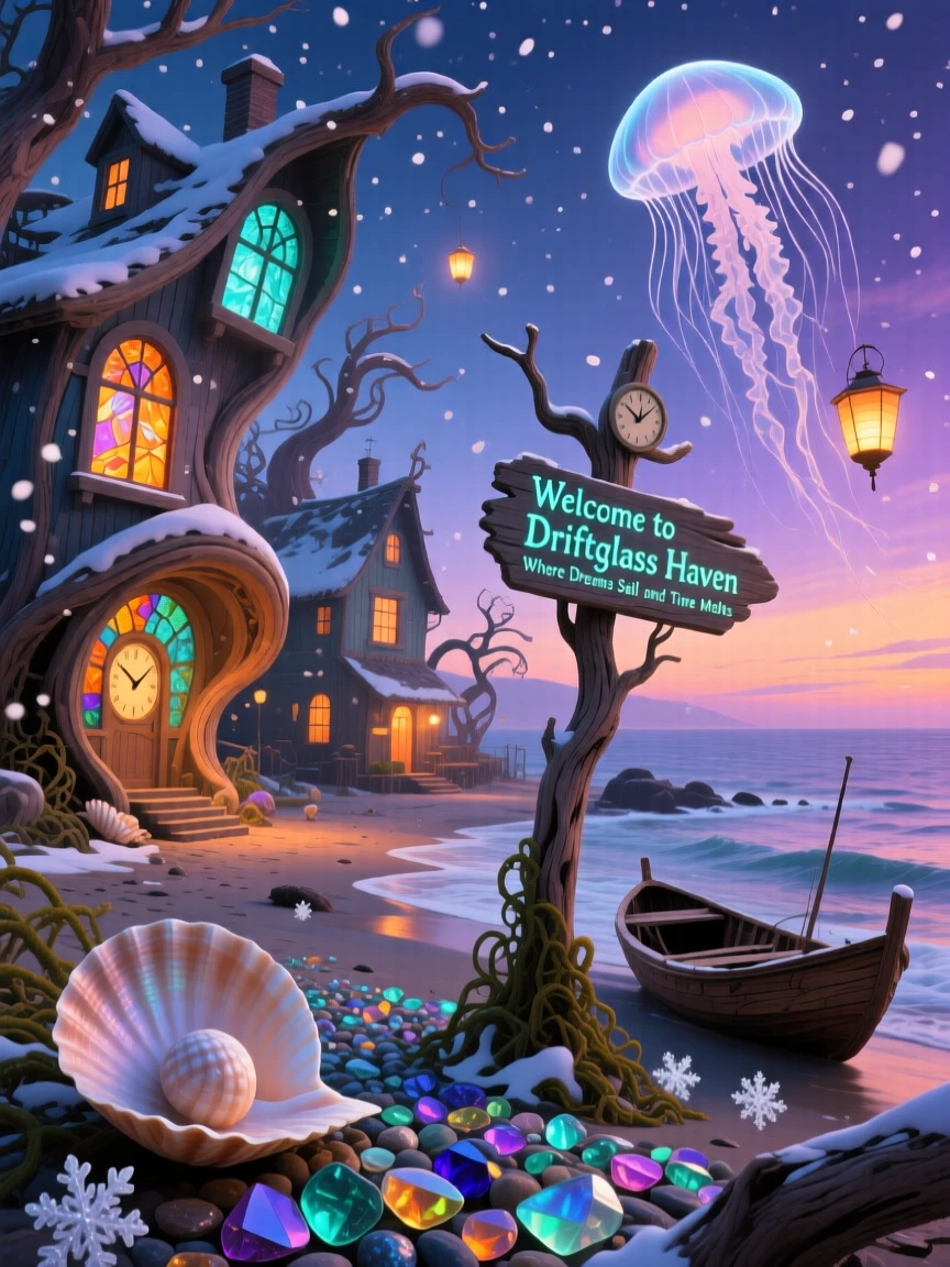 A seaside village built entirely from driftwood and sea glass feels warm, familiar, and just slightly impossible, as soft snow drifts silently past warmly lit windows.