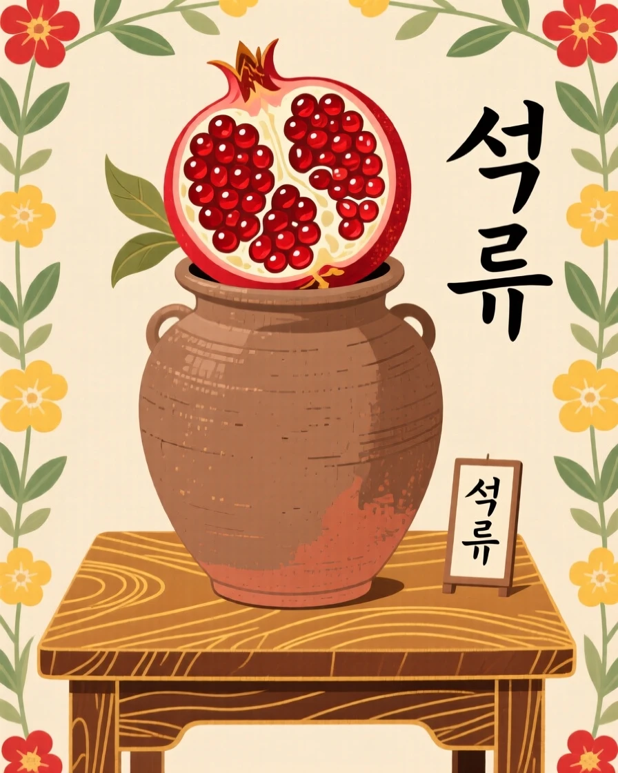 A pomegranate split open to reveal its seeds in a rustic clay vase on a wooden table.