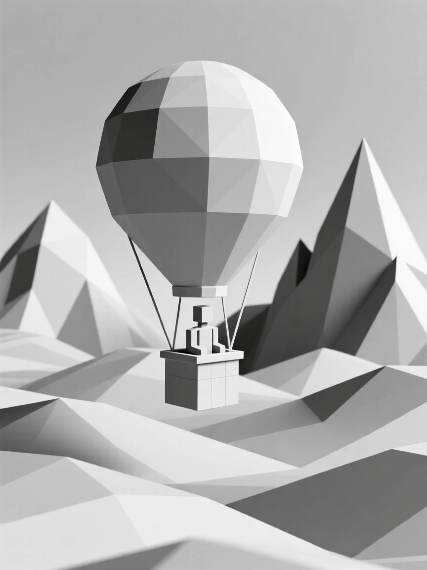 A hot air balloon pilot soaring above rolling hills, surrounded by towering mountains. the composition balances subject and open space. There is a calm sense of focus and skill.
