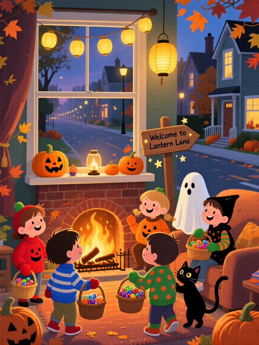 In a cozy living room by the fire, children in matching mittens celebrate together by trick-or-treating along a lantern-lit street, as golden lanterns glow warmly.