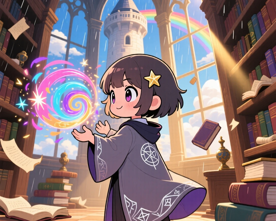 In a mystical library tower, a young sorceress is conjuring a swirl of colorful sparks under a rainbow after the rain, bathed in rays of sunrise breaking through clouds, expression full of brave confidence. Shot as an over-the-shoulder view.
