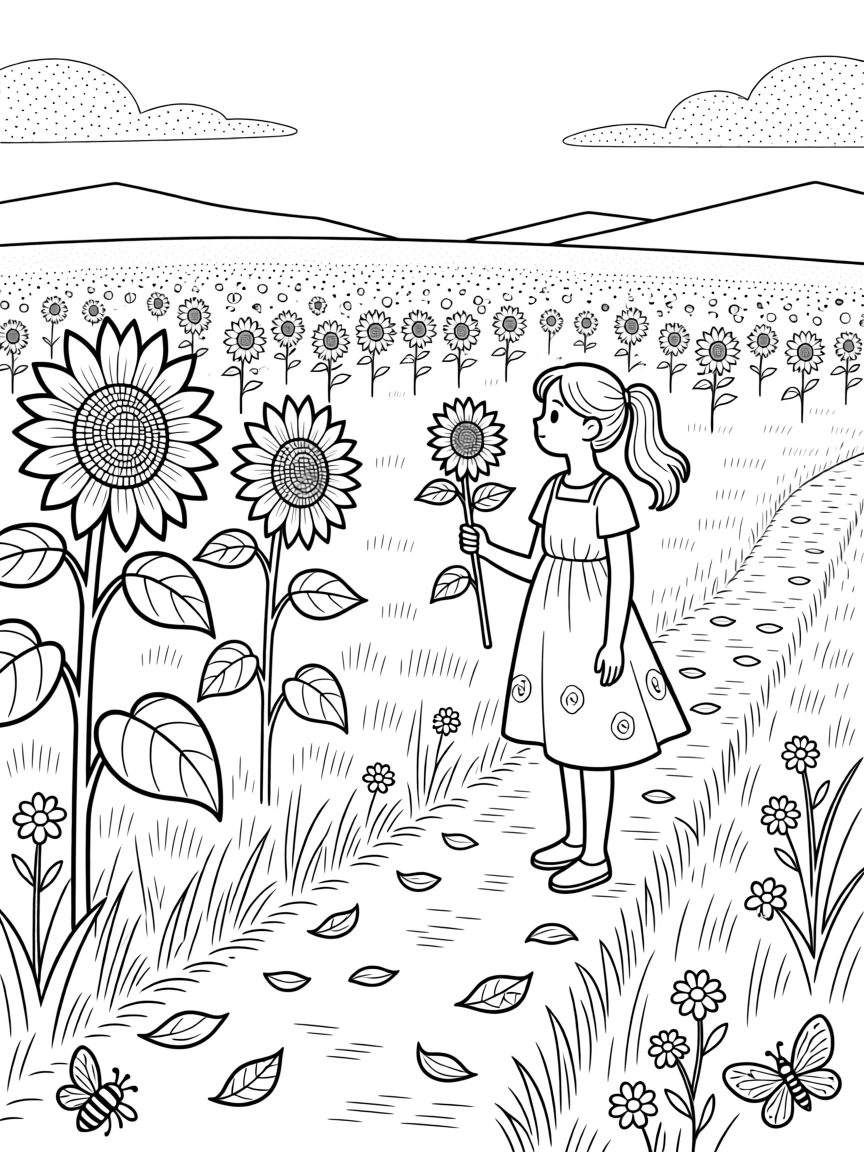 A sunflower field stretching to the horizon, with a trail of fallen petals scattered below.