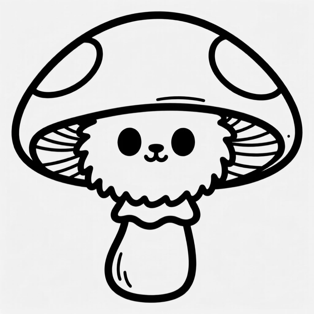 A round fluffy creature with big round eyes peeking out from behind a mushroom.