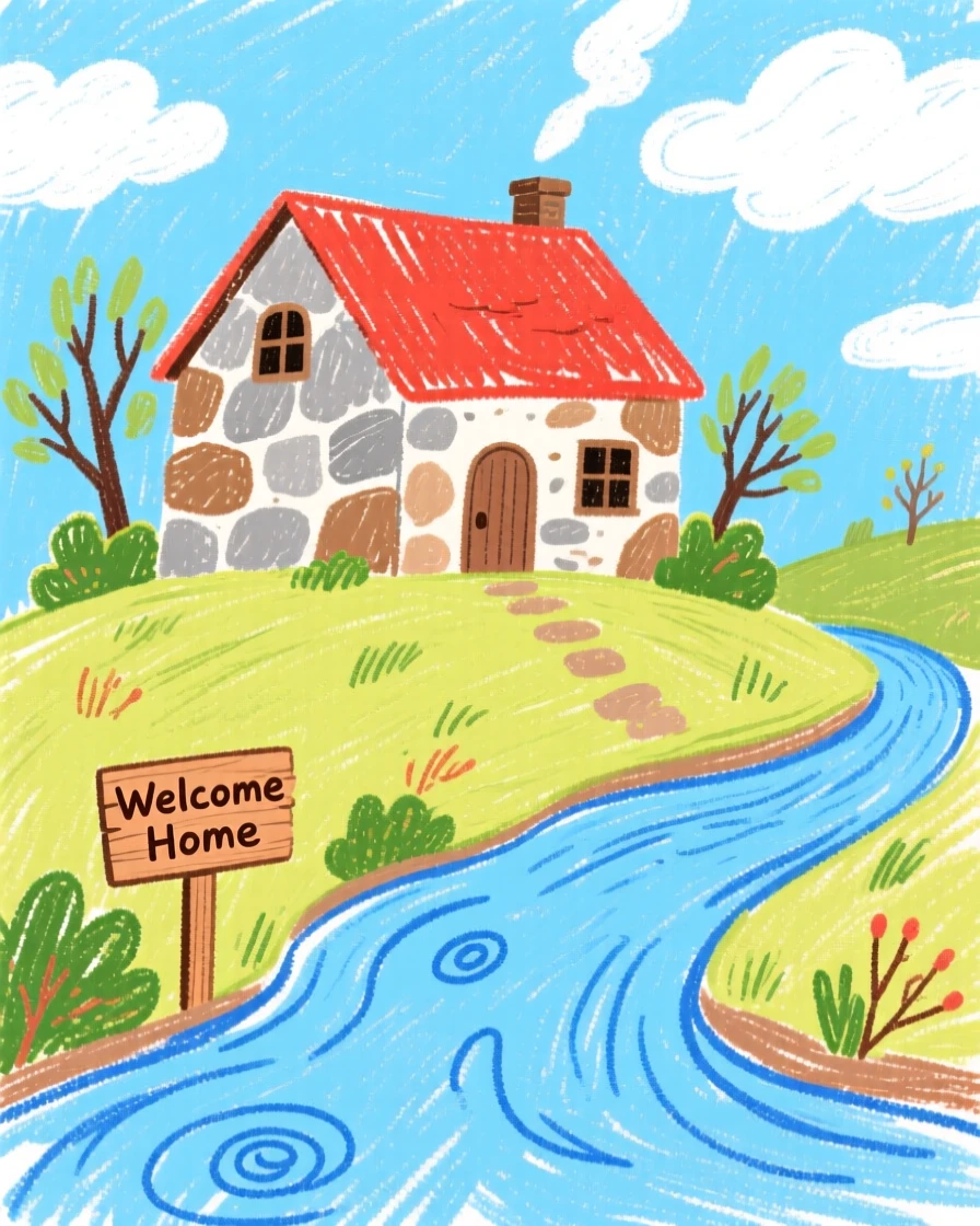 A stone farmhouse perched above a quiet winding river.