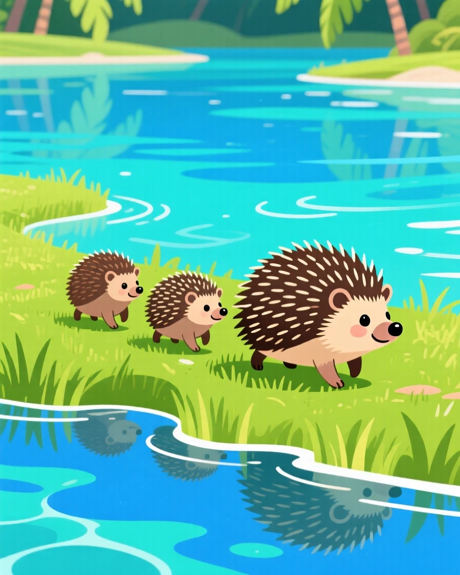 A hedgehog family walking in a single line through grass, set within a crystal clear tropical lagoon, centered in the frame with gentle negative space around it, with vivid, richly saturated colors that pop.