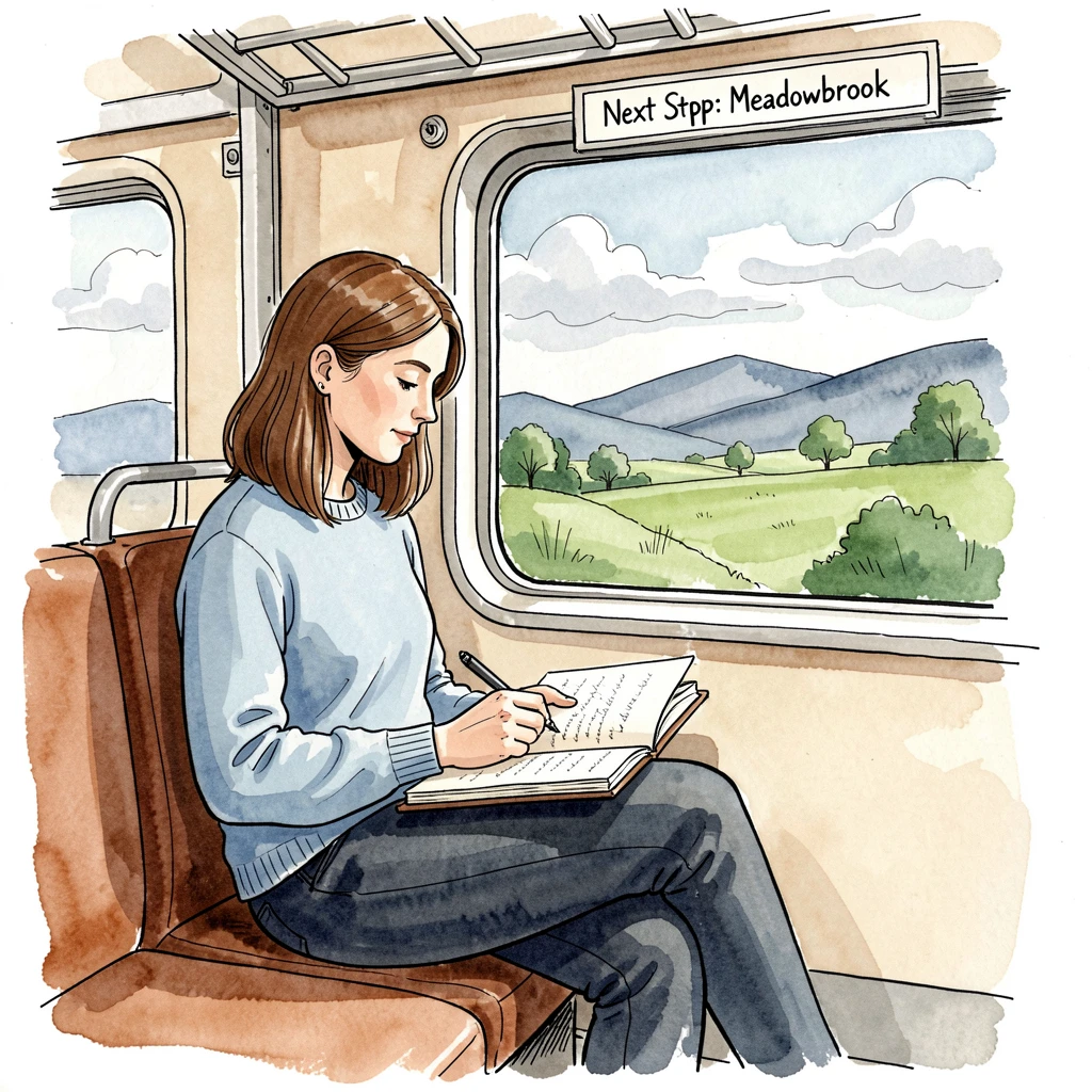 A woman writing in a journal on a train, gazing out the window at passing countryside