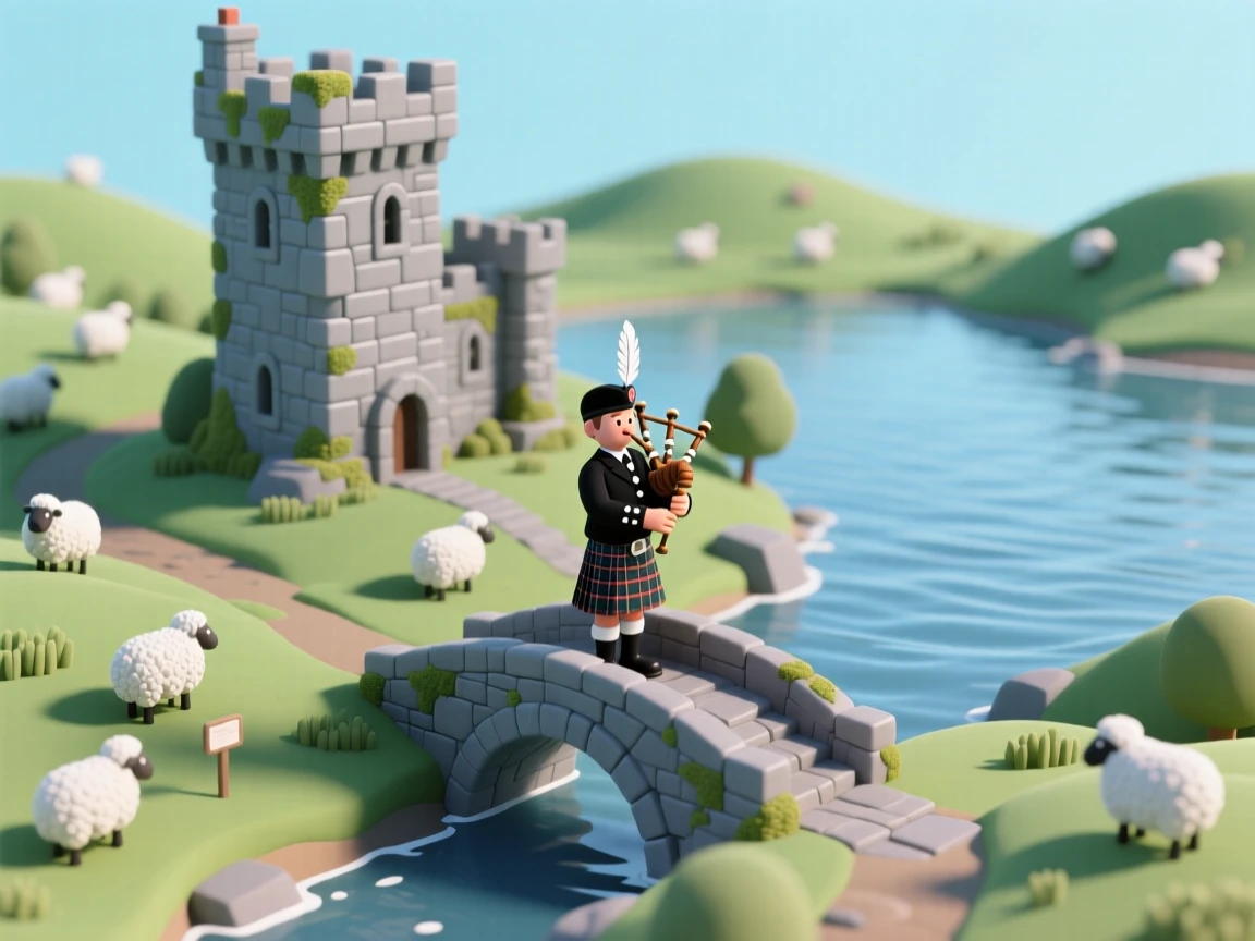 A miniature Scottish highland village with a stone castle overlooking a loch, sheep grazing on green hills, and a piper standing on a small stone bridge.