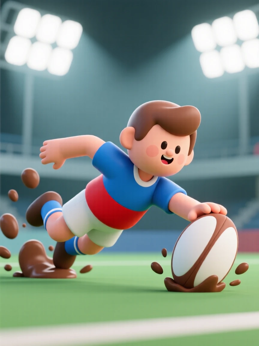A determined rugby player dives to score, mud splattering across a bright jersey beneath stadium floodlights.