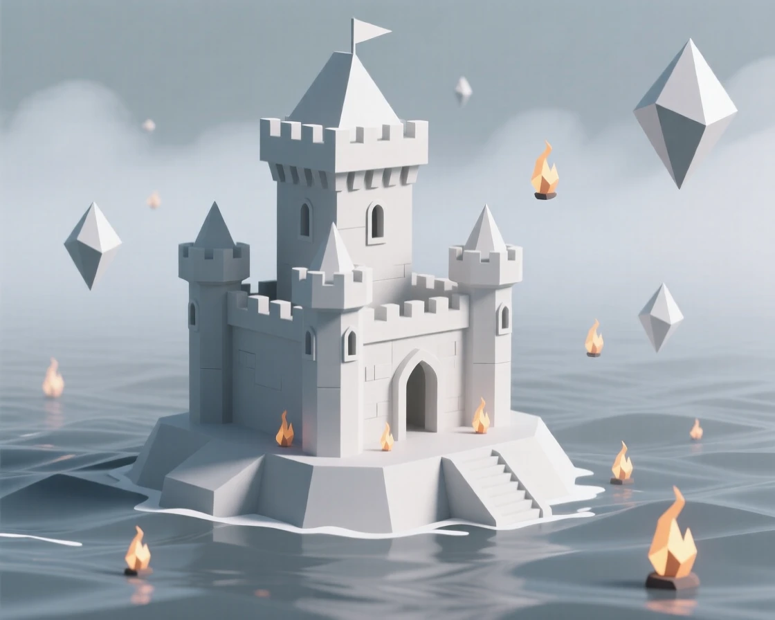 A castle rising from a sea of fog, surrounded by drifting magical embers. intricate details enrich the ancient architecture. The scene feels magical and full of wonder.