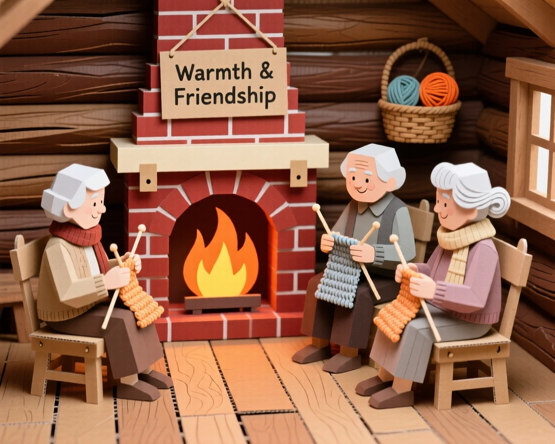 A knitting circle of elderly friends gathered around a fireplace in a cozy cabin, mugs of cocoa nearby, capturing warmth and community.