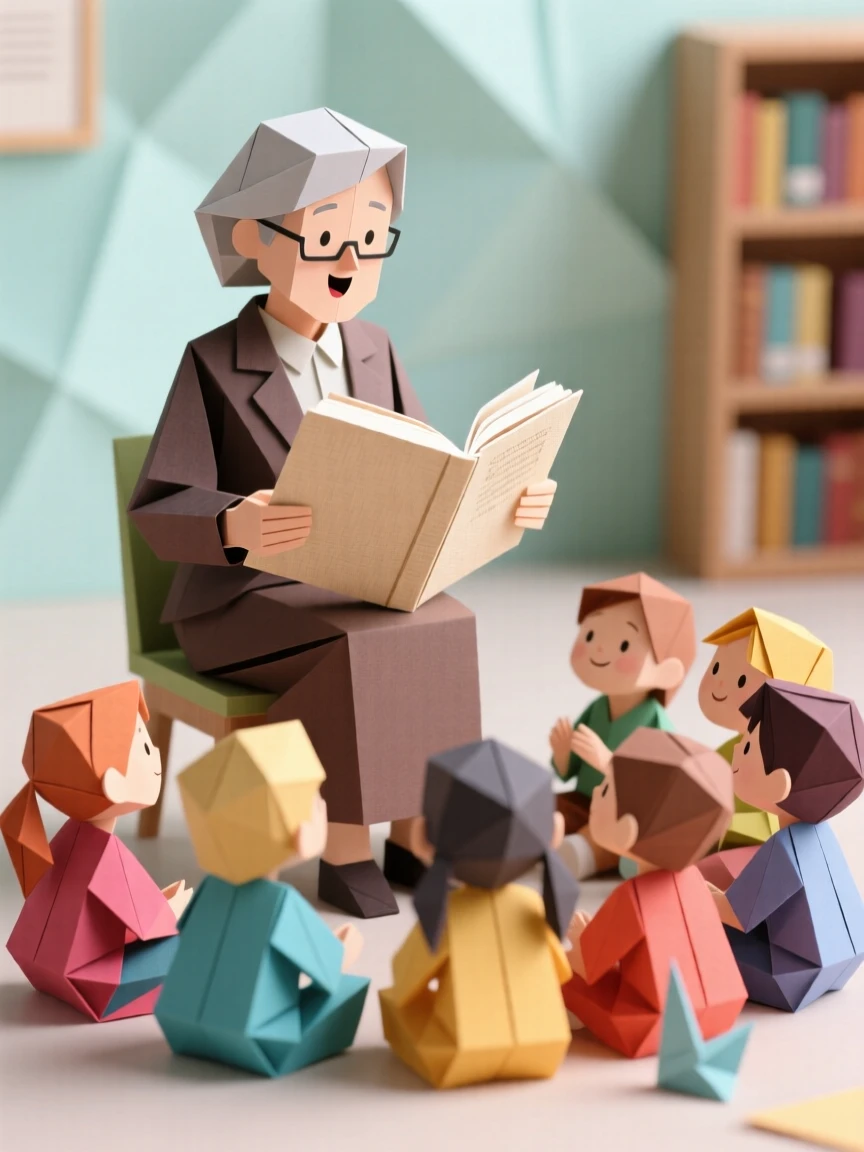A librarian character reading a storybook aloud to a circle of attentive children.
