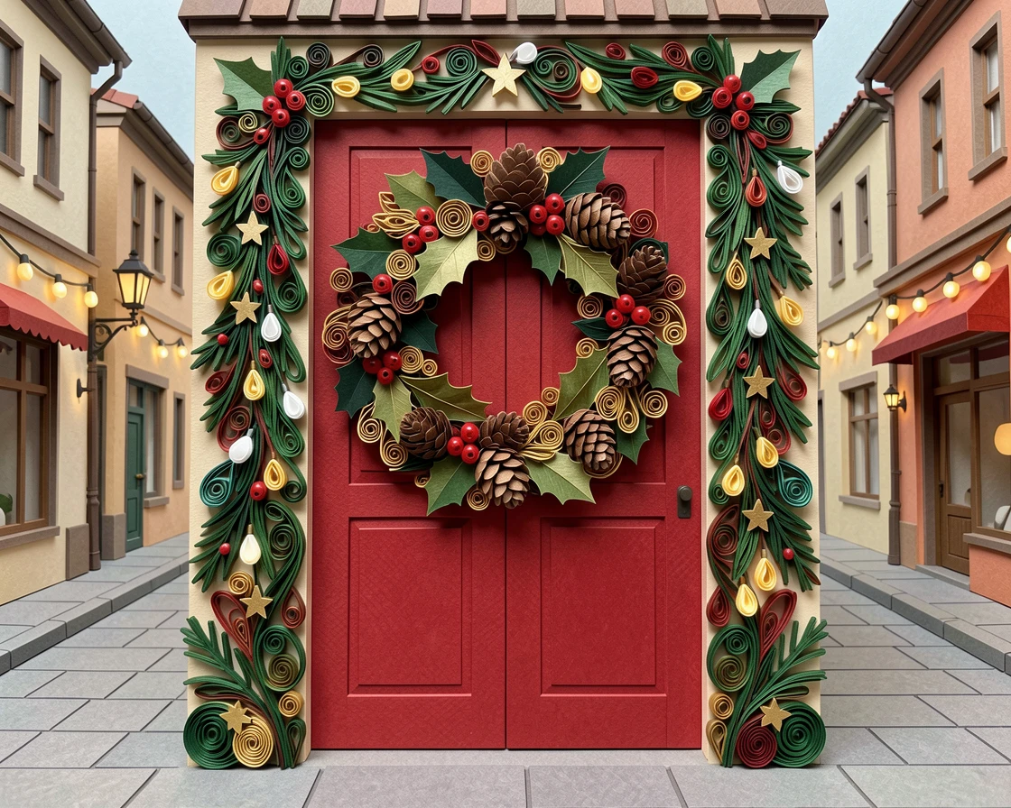 A festive holiday scene of a wreath of holly and pinecones on a red front door in a town square strung with festive lights, in classic holiday tones of red, green, and gold, arranged symmetrically for a balanced festive feel.
